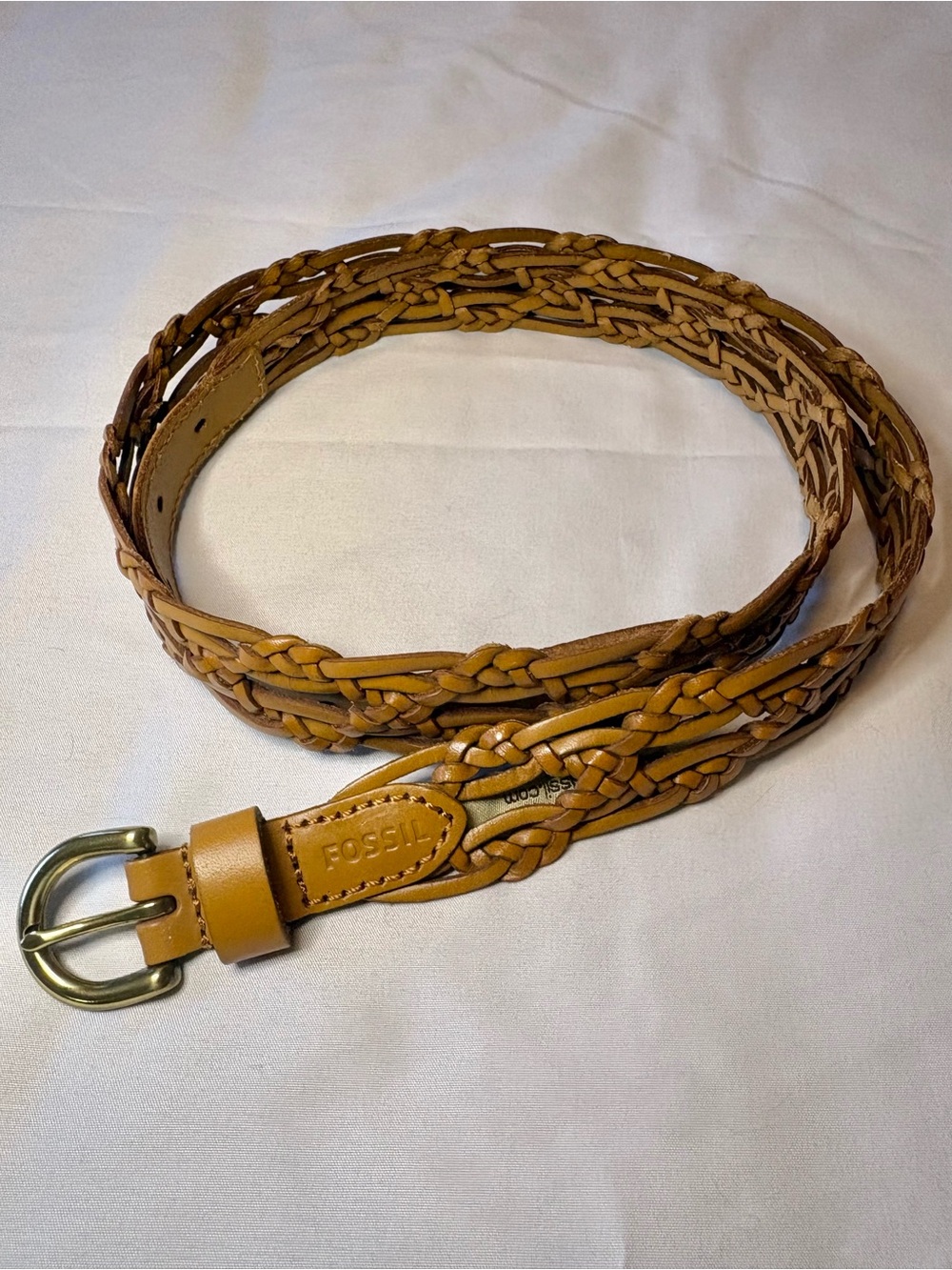 Fossil Braided Leather Belt in Tan Brown with Brass Buckle